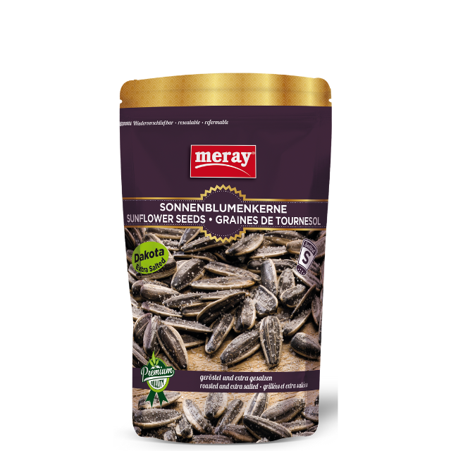 Meray Dakota Sonnenblumenkerne extra gesalzen – 125 g intensiv gewürzter Snack in dunkler Verpackung