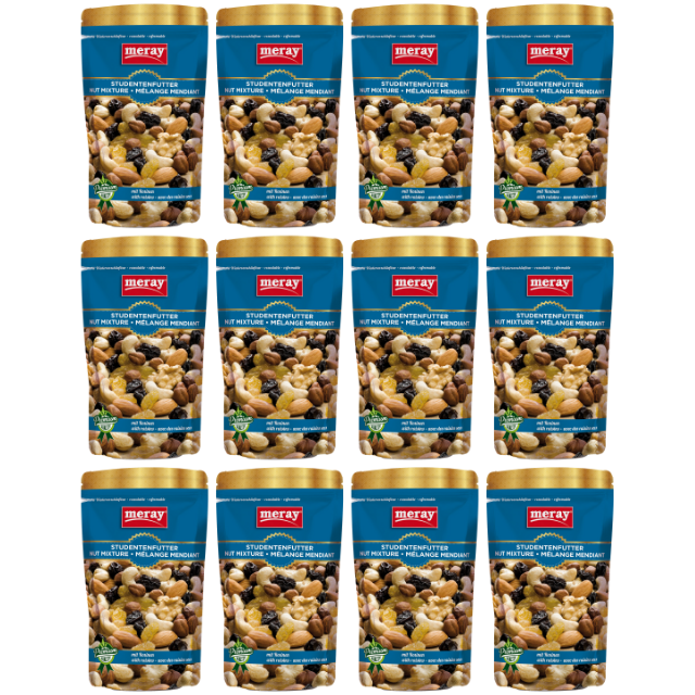 150g Meray Studentenfutter mit Rosinen – Mischung aus Nüssen und Trockenfrüchten, ideal als Snack für unterwegs im 12er Pack
