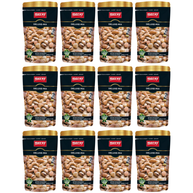 Meray Deluxe-Mix – 150 g geröstete & gesalzene Nussmischung mit Cashews, Pistazien, Mandeln in schwarzer Verpackung im 12er Pack
