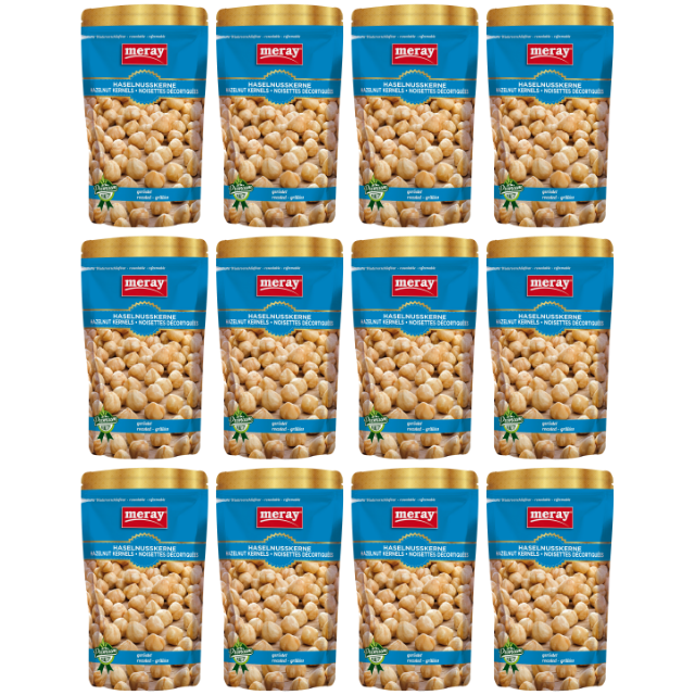 Meray Haselnusskerne geröstet – 150 g knackiger Snack, ohne Salz, in blauer Premium-Verpackung im 12er Pack
