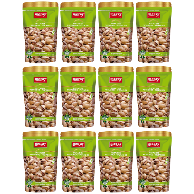 Meray Pistazien geröstet und gesalzen – 150 g aromatischer Knabbersnack, grüne Premium-Verpackung. 12er Pack.