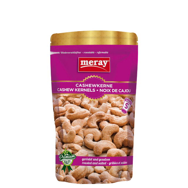 Meray Cashewkerne geröstet und gesalzen – 150 g Premium-Nüsse, hoher Eiweißgehalt, violette Verpackung