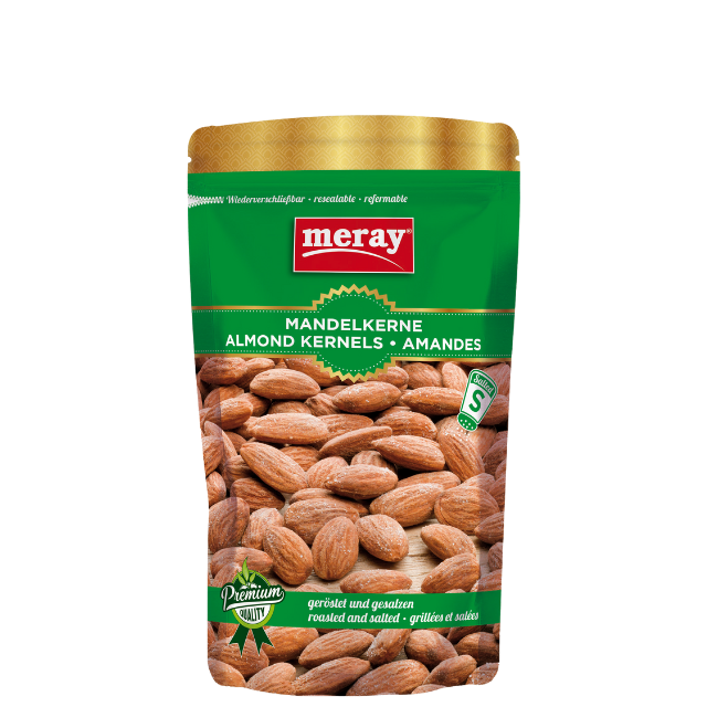 Meray Mandelkerne geröstet und gesalzen – 150 g gesunder Nuss-Snack in grüner Verpackung