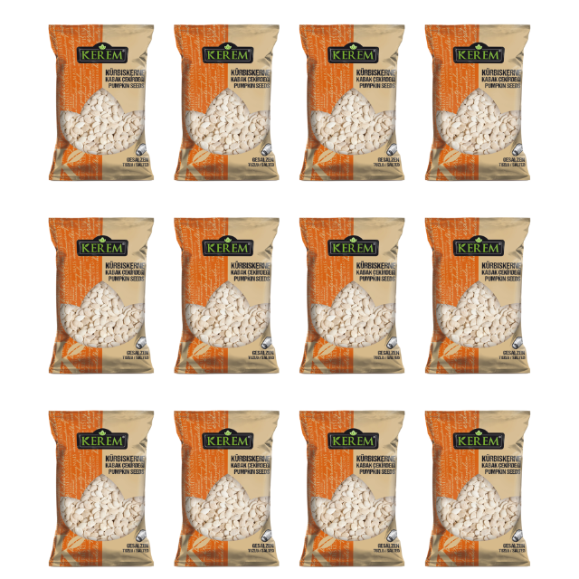 Orangene Packung mit 180 Gramm gesalznen Kürbiskernen von KEREM.  Snacks mit Preisetikett (2€) im 12er Pack