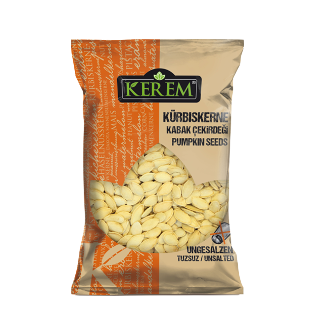 Orangene Packung mit 180 Gramm gerösteten & ungesalzenen KEREM Kürbiskernen. Mit Preisetikett (2€)