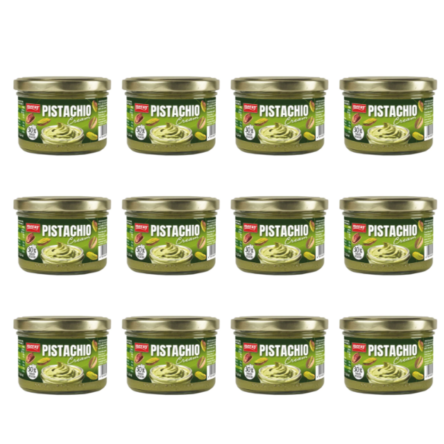 12 wiederverschliesbare Gläser mit jeweils 180 Gramm 30%iger Pistaziencreme. Perfekt zum kochen, als Aufstrich oder zum Backen.