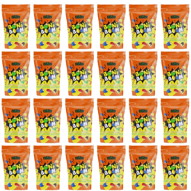 Bunte kandierte Nüsse die bei jedem bissen knacken. Süßer Snack in einer orange-gelben Packung. 24er Pack