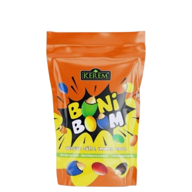 MHD 09.10.2025<br><br>(1 Karton / 24 Stück) <br><br> KEREM® <br> BONI-BOOM<br>dragierte bunte Erdnüsse <br><br> 200g Packung