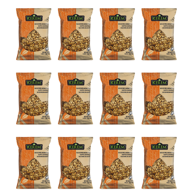 Orangene Packung mit 200 Gramm gerösteten gesalzenen Wassermelonenkerne von KEREM. Leckere Snacks mit Preisetikett (2€) im 12er Pack