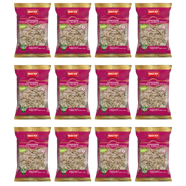 200g Packung mit Schaufenster Meray geröstete & gesalzene Kürbiskerne aus Trakya im 12er Pack