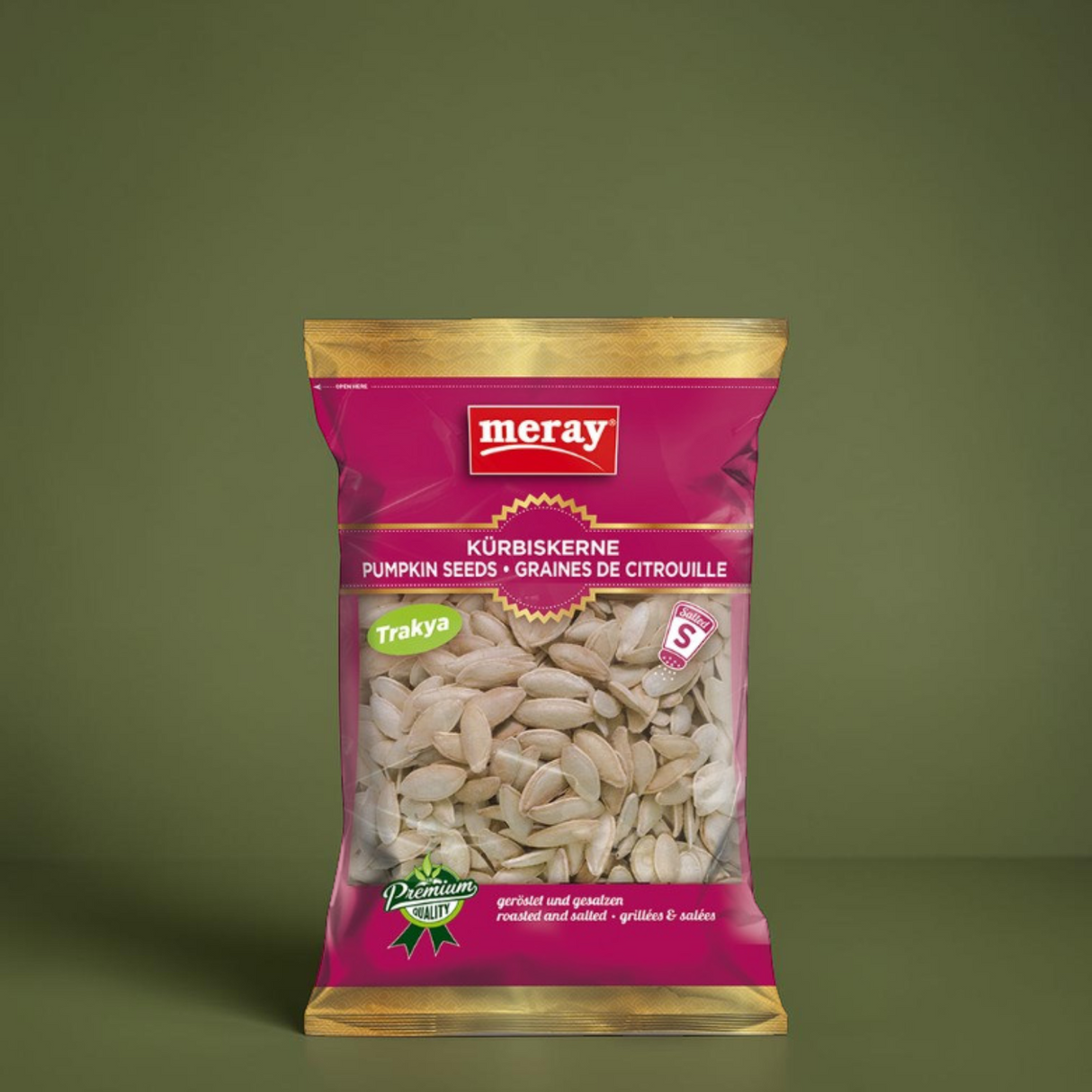 200g Packung mit Schaufenster Meray geröstete & gesalzene Kürbiskerne aus Trakya