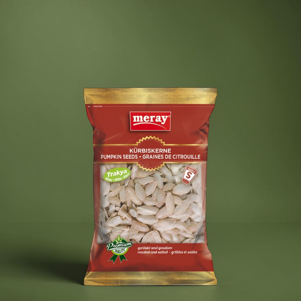 200g Packung mit Schaufenster Meray geröstete & gesalzene weiße Kürbiskerne aus Trakya
