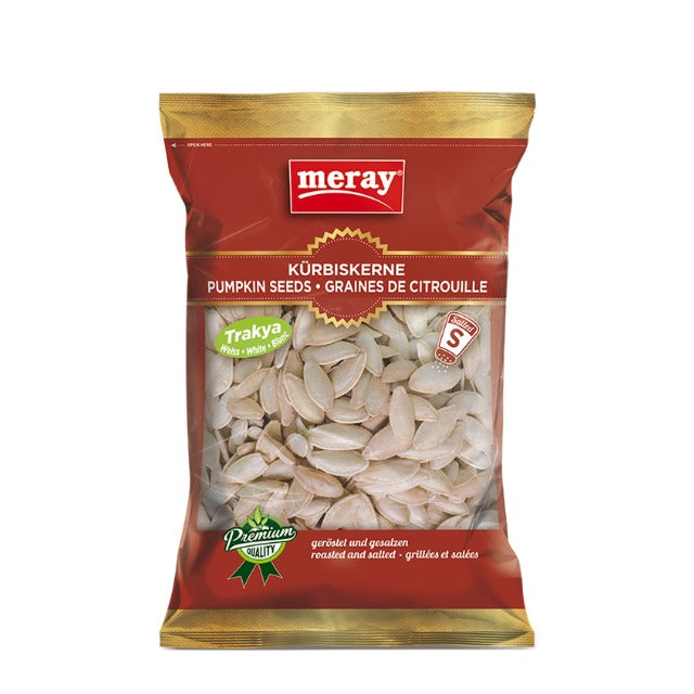 200g Packung mit Schaufenster Meray geröstete & gesalzene weiße Kürbiskerne aus Trakya