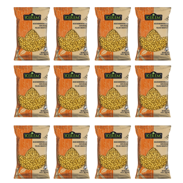 Orangene Packung mit 225 Gramm gerösteten gelben Kichererbsen von KEREM. Proteinreiche Snacks mit Preisetikett (2€) im 12er Pack