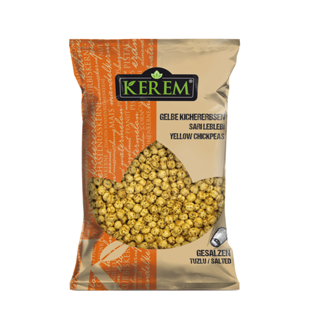 Orangene Packung mit 225 Gramm gerösteten gelben Kichererbsen von KEREM. Proteinreiche Snacks mit Preisetikett (2€)