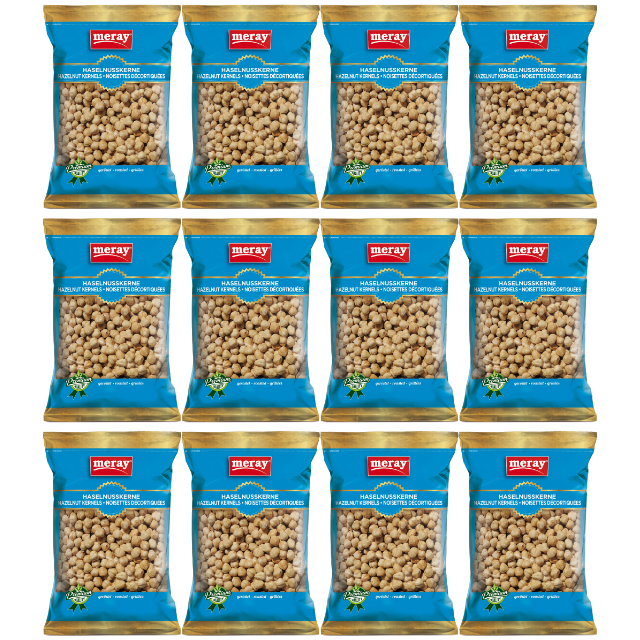Meray Haselnusskerne geröstet – 150 g knackiger Snack, ohne Salz, in blauer Premium-Verpackung mit Schaufenster im 12er Pack