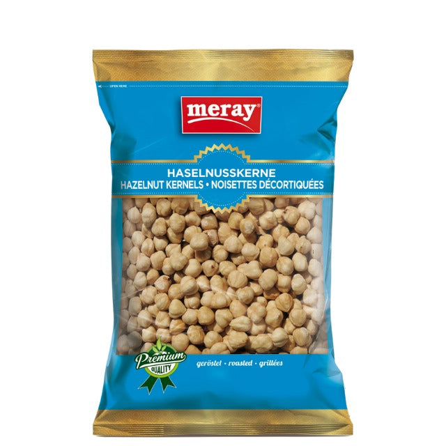 Meray Haselnusskerne geröstet – 150 g knackiger Snack, ohne Salz, in blauer Premium-Verpackung mit Schaufenster. 