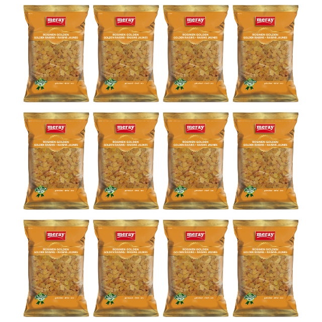 Orange-goldene Verpackung mit Schaufenster. Getrocknete extra große Rosinen die zuckersüß sind, ohne jegliche Zusatzstoffe. Im 12er Pack