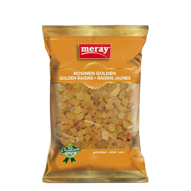 Orange-goldene Verpackung mit Schaufenster. Getrocknete extra große Rosinen die zuckersüß sind, ohne jegliche Zusatzstoffe.