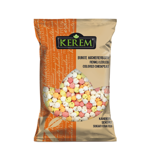 Orangene Packung mit 225 Gramm kandierten bunten Kichererbsen von KEREM. Proteinreiche Snacks mit Preisetikett (2€)