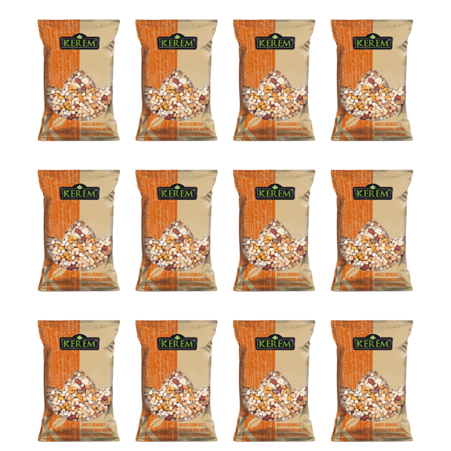 Orangene Packung mit 250 Gramm gerösteten & gesalzenen Nuss Sortiment von KEREM. Mit Erdnüssen, Mais, Haselnüssen, crunchy Kichererbsen, und Kürbiskernen. Preisetikett (3€). 12er Pack.
