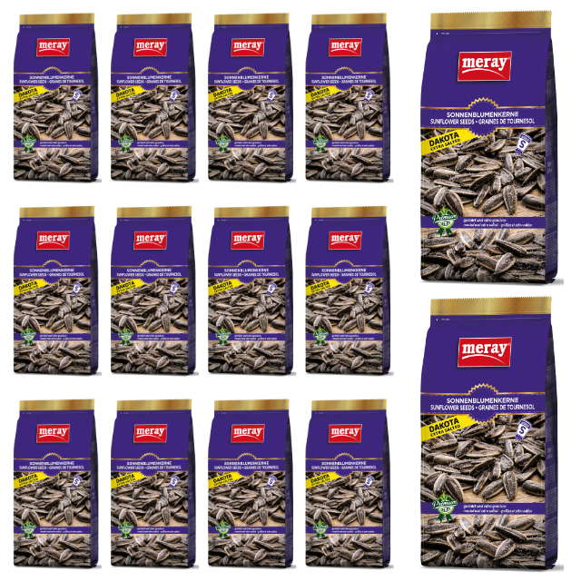 Meray Dakota Sonnenblumenkerne extra gesalzen – 250 g Snack in dunkelblauer Verpackung. 24 Beutel pro Karton