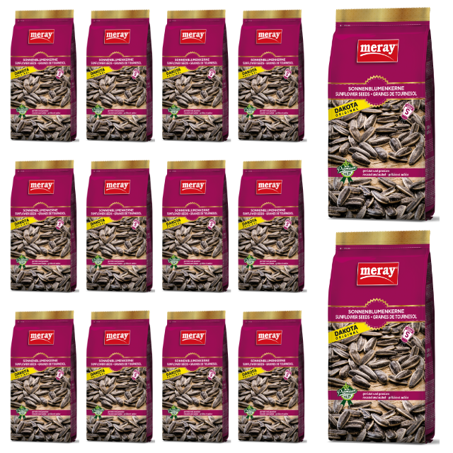 Meray Dakota Sonnenblumenkerne geröstet und gesalzen – 250 g Snack in lila Verpackung. 24 Beutel pro Karton