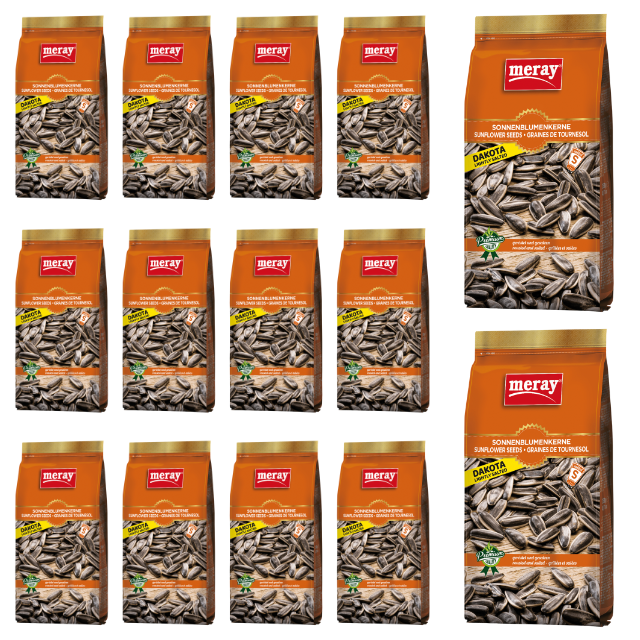 Meray Dakota Sonnenblumenkerne leicht gesalzen in Salzlake – 250 g Snack in orangefarbener Verpackung. 24 Beutel pro Karton