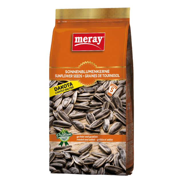 Meray Dakota Sonnenblumenkerne leicht gesalzen in Salzlake – 250 g Snack in orangefarbener Verpackung