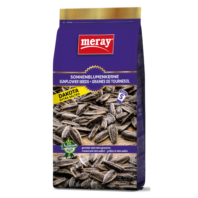Meray Dakota Sonnenblumenkerne extra gesalzen – 250 g intensiv gewürzter Knabbersnack in dunkelblauer Verpackung