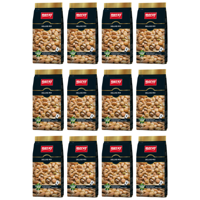 Meray Deluxe-Mix – 300 g geröstete & gesalzene Nussmischung mit Cashews, Pistazien, Mandeln in schwarzer Verpackung im 12er Pack
