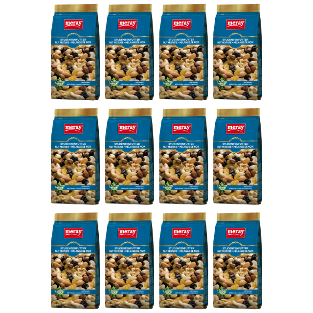 300g Meray Studentenfutter mit Rosinen – Mischung aus Nüssen und Trockenfrüchten, ideal als Snack für unterwegs im 12er Pack