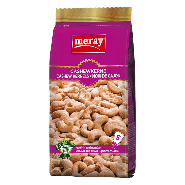 Meray Cashewkerne geröstet & gesalzen – 300 g proteinreicher Premium-Nuss-Snack in pink-lila Verpackung