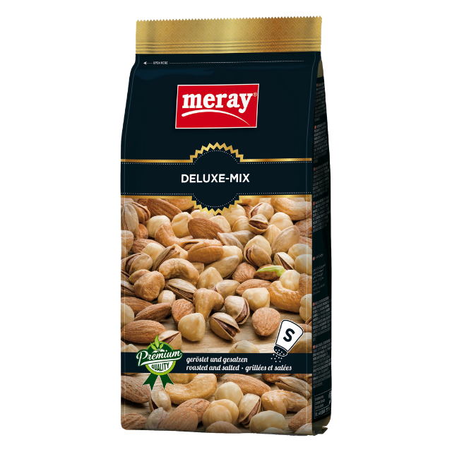 Meray Deluxe-Mix – 300 g geröstete & gesalzene Nussmischung mit Cashews, Pistazien, Mandeln in schwarzer Verpackung