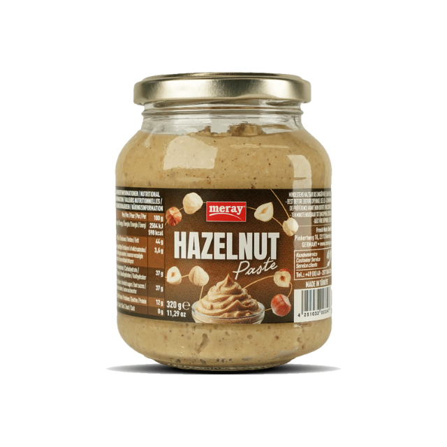 Ein wiederverschliesbares Glas mit 320 Gramm 70%iger Haselnusspaste. Perfekt zum kochen, als Aufstrich oder zum Backen.