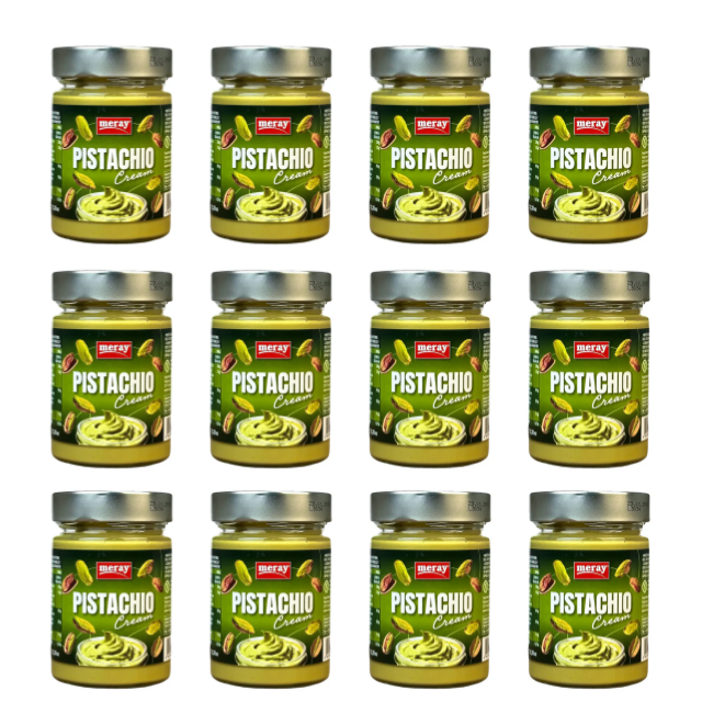 12 wiederverschliesbare Gläser mit jeweils 350 Gramm 30%iger Pistaziencreme. Perfekt zum kochen, als Aufstrich oder zum Backen.