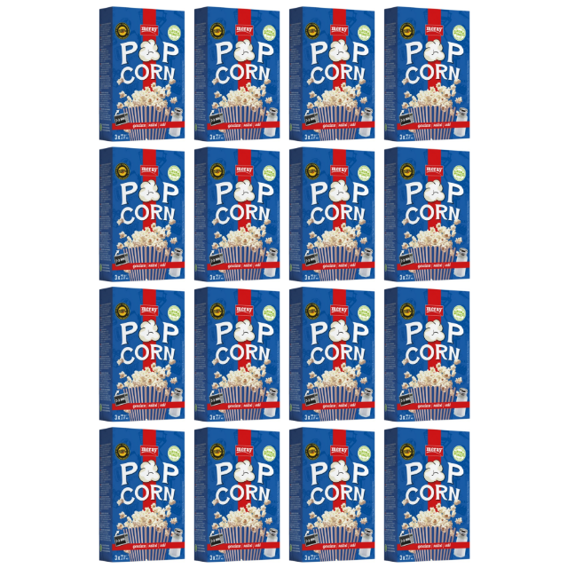 Blaue Popcorn Packung von meray mit jeweils 3 Packungen gesalzenem Mikrowellenpopcorn. 16 Packungen it jeweils 3 Portionen