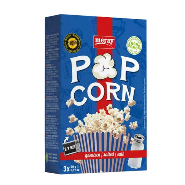 Blaue Popcorn Packung von meray mit jeweils 3 Packungen gesalzenem Mikrowellenpopcorn.