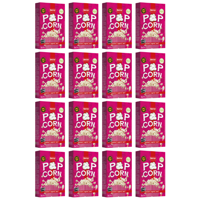 Blaue Popcorn Packung von meray mit jeweils 3 Packungen gezuckertem Mikrowellenpopcorn. 16 Packungen it jeweils 3 Portionen
