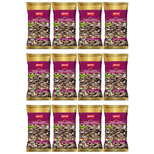 Geröstete und gesalzene Sonnenblumenkerne, Sorte Dakota, in lila-goldener Meray-Verpackung (70 g) im 12er Pack