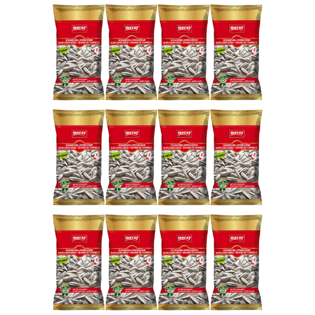 Gesalzene & geröstete Sonnenblumenkerne in rot-goldener Meray-Verpackung. Überzeuge dich vom klassiker im 12er Pack (70 g) 