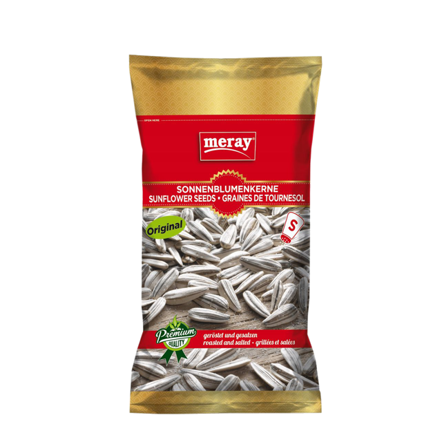 Gesalzene & geröstete Sonnenblumenkerne in rot-goldener Meray-Verpackung. Überzeuge dich vom klassiker (70 g)