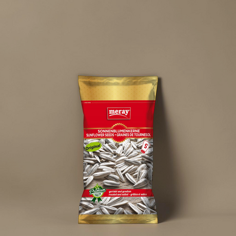 Gesalzene & geröstete Sonnenblumenkerne in rot-goldener Meray-Verpackung. Überzeuge dich vom klassiker (70 g)