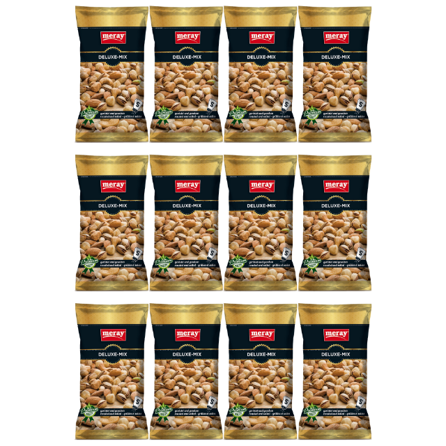 Meray Deluxe-Mix – 300 g geröstete & gesalzene Nussmischung mit Cashews, Pistazien, Mandeln in schwarzer Verpackung im 12er Pack