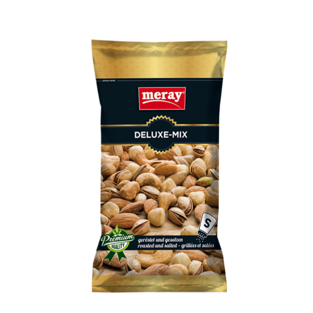 Meray Deluxe-Mix – 85 g geröstete & gesalzene Nussmischung mit Cashews, Pistazien, Mandeln in schwarzer Verpackung