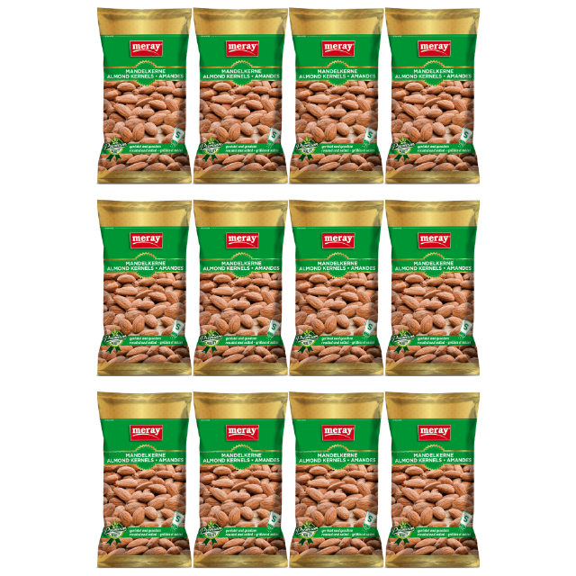 Meray Mandelkerne geröstet und gesalzen – 85g gesunder Nuss-Snack in grüner Verpackung im 12er Pack