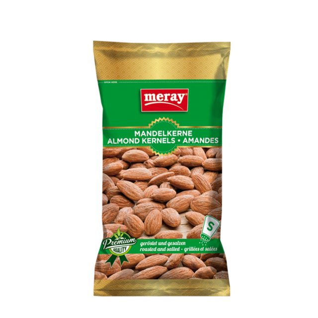 Meray Mandelkerne geröstet und gesalzen – 85g gesunder Nuss-Snack in grüner Verpackung