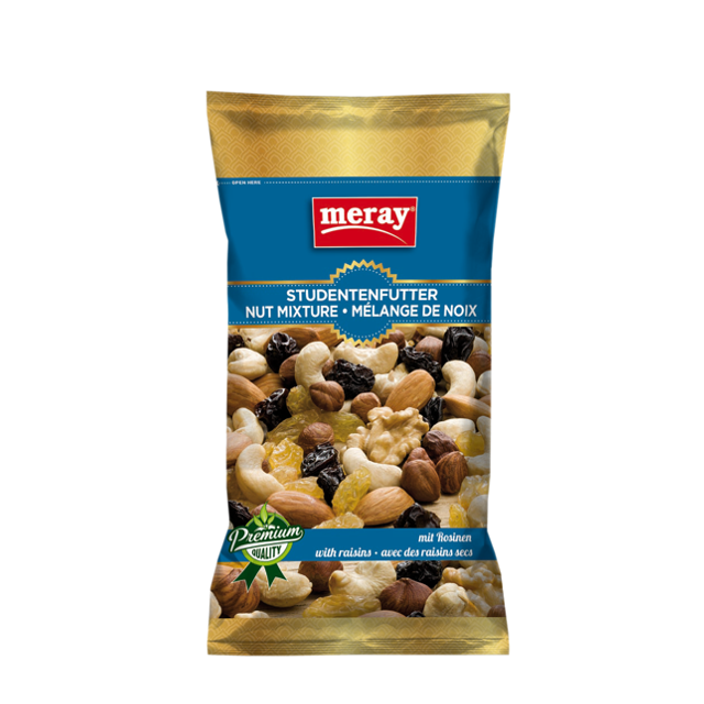 85g Meray Studentenfutter mit Rosinen – Mischung aus Nüssen und Trockenfrüchten, ideal als Snack für unterwegs