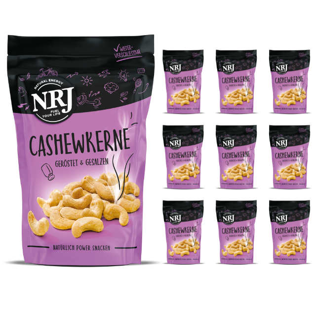 Eine wiederverschließbare lila Packung Cashewkerne von NRJ im 10er Pack