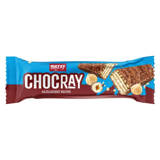 meray® Chocray Waffel Riegel mit echten Haselnussstücken und Schokolade.